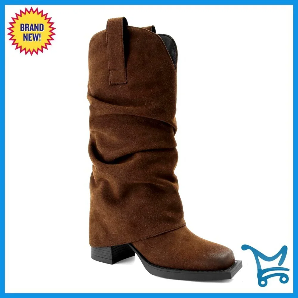 Faux Suede Ankle Boots with Chunky Block Heel Square Toe Pull On